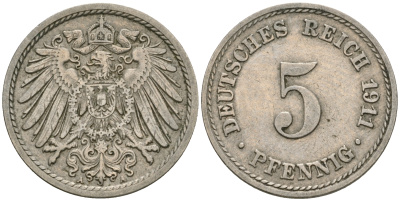 Германия 5 пфеннигов 1911 A KM 11, J. 12, Weege 6 медно-никель 08-1312