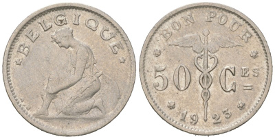 Бельгия 50 сантимов 1923 BELGIQUE, Альберт I (1909-1934) KM 87 никель 4617-713