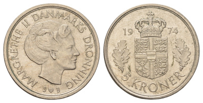 Дания 5 крон 1974 Маргрете II (1972-2024) KM 863 медно-никель 4653-925