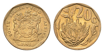 ЮАР 20 центов 1993 герб, цветок протея KM 136 сталь плакированная бронзой UNC 4694-828