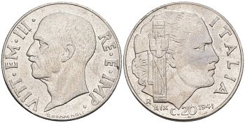 ИТАЛИЯ 20 ЧЕНТЕЗИМО 1941 R, ГОД XIX, ВИКТОР ЭММАНУИЛ III (1900-1946) KM 75b, VEM3. 1028 нержавеющая сталь 3853-557