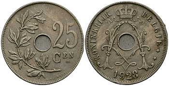 Бельгия 25 сантимов 1928 Belgie KM 69 медно-никель 4131-712