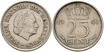 Нидерланды 25 центов 1961 Юлиана (1949-1980) KM 183 никель    4598-363