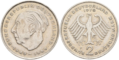 ФРГ 2 марки 1970 F, Теодор Хойс KM A127, J. 407 медно-никель плакированный никелем 4583-922