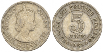 Малайя и Британское Борнео 5 центов 1953 Елизавета II (1952-2022) KM 1 медно-никель 4547-265