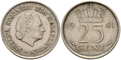 Нидерланды 25 центов 1961 Юлиана (1949-1980) KM 183 никель    4598-363