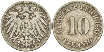 ГЕРМАНИЯ 10 ПФЕННИГОВ 1891 A KM 12, J. 13, Weege 8 медно-никель 261-1242