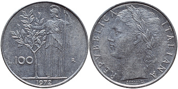 ИТАЛИЯ 100 ЛИР 1972 R, АФИНА KM 96.1 нержавеющая сталь 4394-612