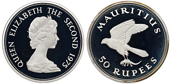 Маврикий 50 рупий 1975 серия защита окружающей среды, мавританская пустельга (сокол), тираж 9513 экз., в коробке KM 41а серебро PROOF 5-4-5-25