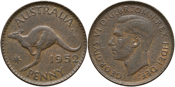 Австралия 1 пенни 1952 m, Георг VI (1937-1952), кенгуру KM 43 бронза 84-1225