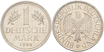 ФРГ 1 марка 1989 D KM 110, J. 385 медно-никель 4182-451