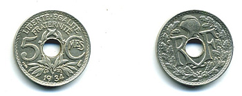 ФРАНЦИЯ 5 САНТИМОВ 1934 ТИП ЛИНДАЙЁ KM 875 медно-никель UNC 23-854
