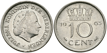 НИДЕРЛАНДЫ 10 ЦЕНТОВ 1963 ЮЛИАНА KM 182 никель 96-457