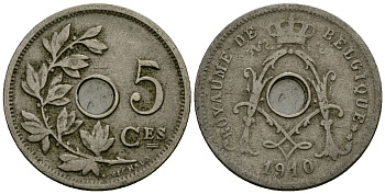 Бельгия 5 сантимов 1910 Belgique, Альберт I (1909-1934) KM 66 медно-никель 4173-435