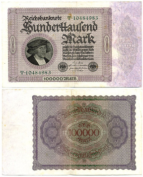 ГЕРМАНИЯ 100000 МАРОК 1923 1 ФЕВРАЛЯ 1923, БЕЗ Т ПОД ПОРТРЕТОМ Pick 83a бумага VF 7146-42-1-1