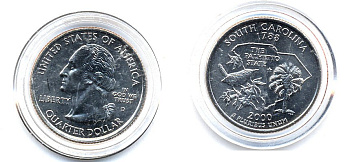 США 25 центов = квотер 2000 D, серия штаты США, Южная Каролина KM 307 медь плакированная медно-никелем UNC 61-641