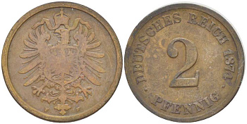 ГЕРМАНИЯ 2 ПФЕННИГА 1874 F, СТАРОГЕРБОВКА KM 2, J. 2, Weege 3 медь 212-451