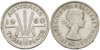 Австралия 3 пенса 1960 m, Елизавета II (1952-2022) KM 57 серебро 4516-616