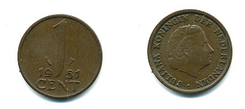Нидерланды 1 цент 1951 Юлиана (1948-1980) КМ 180 бронза 76-247
