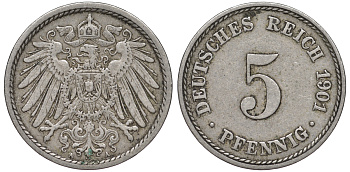 ГЕРМАНИЯ 5 ПФЕННИГОВ 1901 A, KM 11, J. 12 медно-никель 45-1121