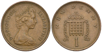 Великобритания 1 пенни 1971 Елизавета II (1952-2022) KM 915, Spink 4237 (B1) бронза 4609-466