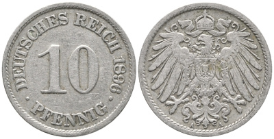 ГЕРМАНИЯ 10 ПФЕННИГОВ 1896 A KM 12, J. 13 медно-никель 100-926