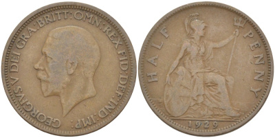 Великобритания 1/2 пенни 1929 Георг V (1910-1936) KM 837, Spink 4058 бронза 4513-631