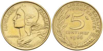 Франция 5 сантимов  1966 тип Марианна KM 933 никель алюминий медь 4115-254