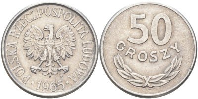 Польша 50 грошей 1965 MW KM 48.1, Parchimowicz 210b алюминий 106-512