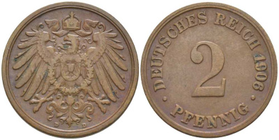 ГЕРМАНИЯ 2 ПФЕННИГА 1906 D KM 16, J. 11, Weege 4 медь 206-519