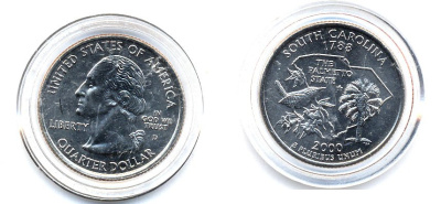 США 25 центов = квотер 2000 D, серия штаты США, Южная Каролина KM 307 медь плакированная медно-никелем UNC 61-641