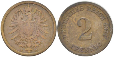 ГЕРМАНИЯ 2 ПФЕННИГА 1874 F, СТАРОГЕРБОВКА KM 2, J. 2, Weege 3 медь 212-451