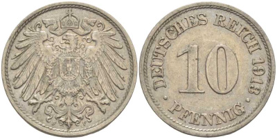 ГЕРМАНИЯ 10 ПФЕННИГОВ 1913 F KM 12, J. 13 медно-никель 33-644