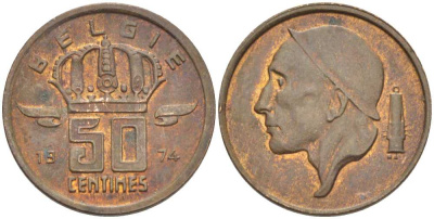 Бельгия 50 сантимов 1974 Belgie, Бодуэн I (1951-1993) KM 149.1 бронза 3458-122