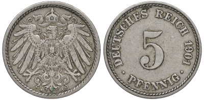 ГЕРМАНИЯ 5 ПФЕННИГОВ 1901 A, KM 11, J. 12 медно-никель 45-1121