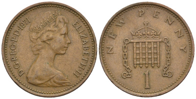 Великобритания 1 пенни 1971 Елизавета II (1952-2022) KM 915, Spink 4237 (B1) бронза 4609-466
