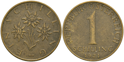 Австрия 1 шиллинг 1971 KM 2886 алюминиевая бронза 25-1115