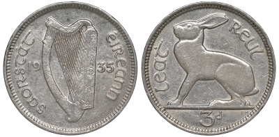 ИРЛАНДИЯ 3 ПЕНСА 1935 ЗАЯЦ KM 4 никель 3334-1051