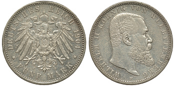 Вюртемберг 5 марок 1904 F, Вильгельм II (1891-1918) Weege 172, J. 176, KM 632 серебро 00-1067-1-54