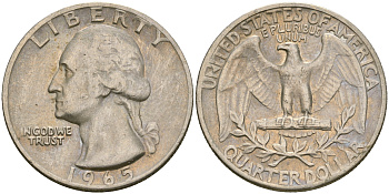 США 25 центов (квотер) 1965 Вашингтон KM 164а медь плакированная медно-никелем    4364-3543