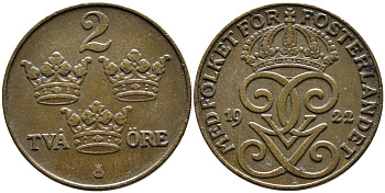 Швеция 2 эре 1922 Густав V (1907-1950) KM 778 бронза 80-552