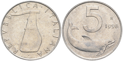 Италия 5 лир 1998 R, дельфин KM 92 алюминий  UNC  4594-928
