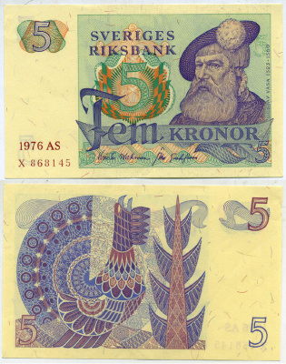 ШВЕЦИЯ 5 КРОН 1976 AS, Густав I Ваза Pick 51c бумага aUNC 00-00