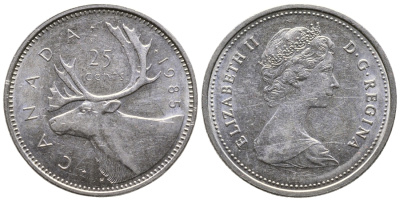 КАНАДА 25 ЦЕНТОВ 1985 ОЛЕНЬ, ЕЛИЗАВЕТА II KM 74 никель 4364-2126