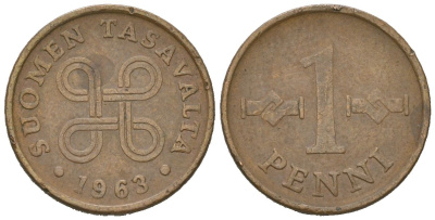 Финляндия 1 пенни 1963 первый год KM 44 медь 99-923