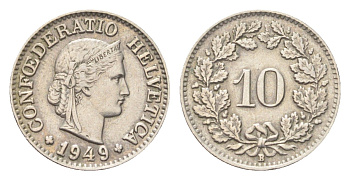 Швейцария 10 раппенов 1949 B KM 27 медно-никель 4705-853
