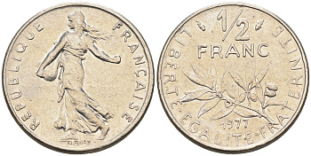 Франция 1/2 франка 1977 сеятель KM 931.1 никель    4169-211
