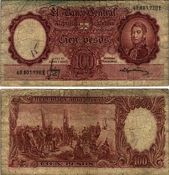 АРГЕНТИНА 100 ПЕСО 1967 СЕРИЯ Е 62801, ГЕНЕРАЛ САН МАРТИН, ПОДПИСЬ MASTROPIERRO-TAMI Pick 277, Bottero 2076 бумага 6352-12-1-1