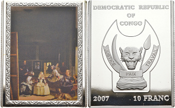 Конго 10 франков 2007 серия шедевры мировой живописи, ДОН ДИЕГО РОДРИГЕС ВЕЛАСКЕС ДЕ СИЛЬВА, МАРИ КОУРТ, размер 35Х46 мм., цветная эмаль KM NEW медно-никель PROOF 00-00