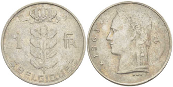 Бельгия 1 франк 1963 Belgique, Бодуэн I (1951-1993) KM 142.1 медно-никель 213-515